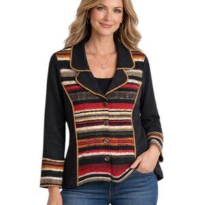 NWT Bali Black Textured Jacket with Colorful Front Panel and Cuffs.